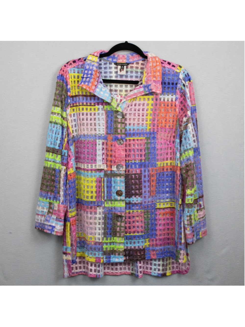 John Mark multicolor windowpane embroidery sheer button down tunic shirt-M